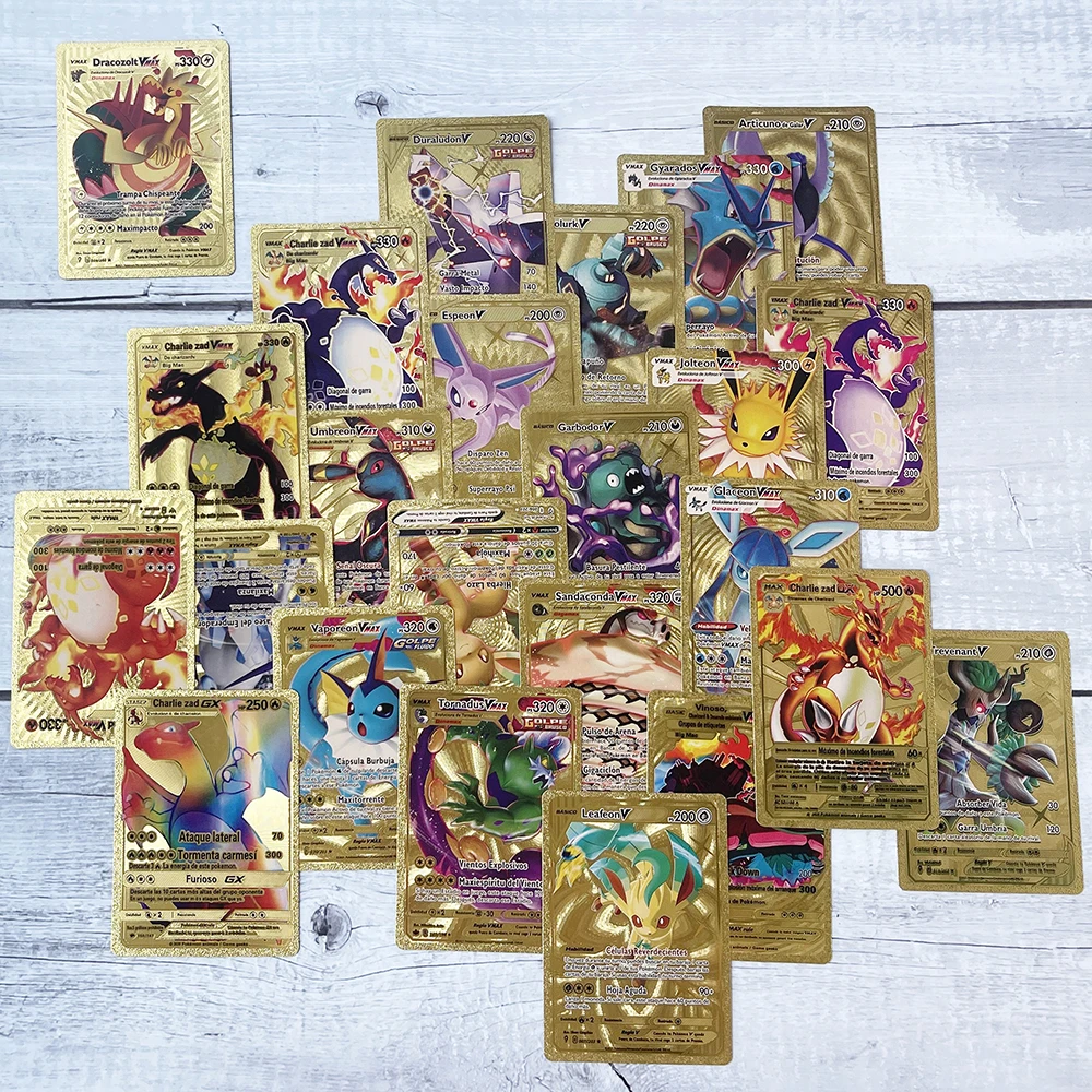 

Pokemon золотая металлическая карточка Set Hard Black Gx Vmax, испанская энергия, эволюция, Charizard Pikachu, ультра Редкие тренировочные карты, лот, подарочный ...