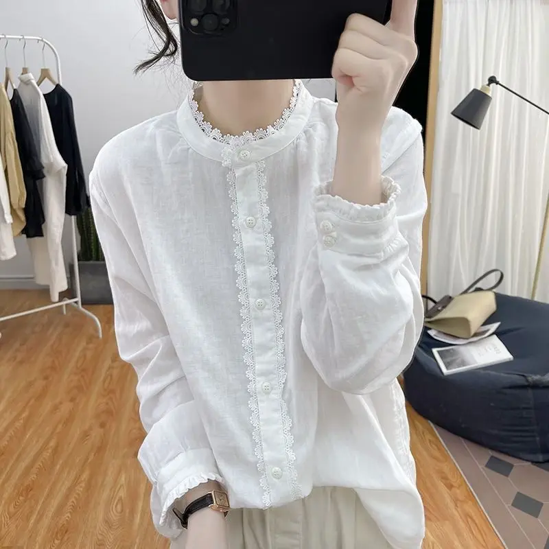 

2023 New Spring Lace Patchwork Lotus Leaf Sleeves Cotton Linen Long Sleeved Temperament Commuting Loose Vintage Women's Shirt