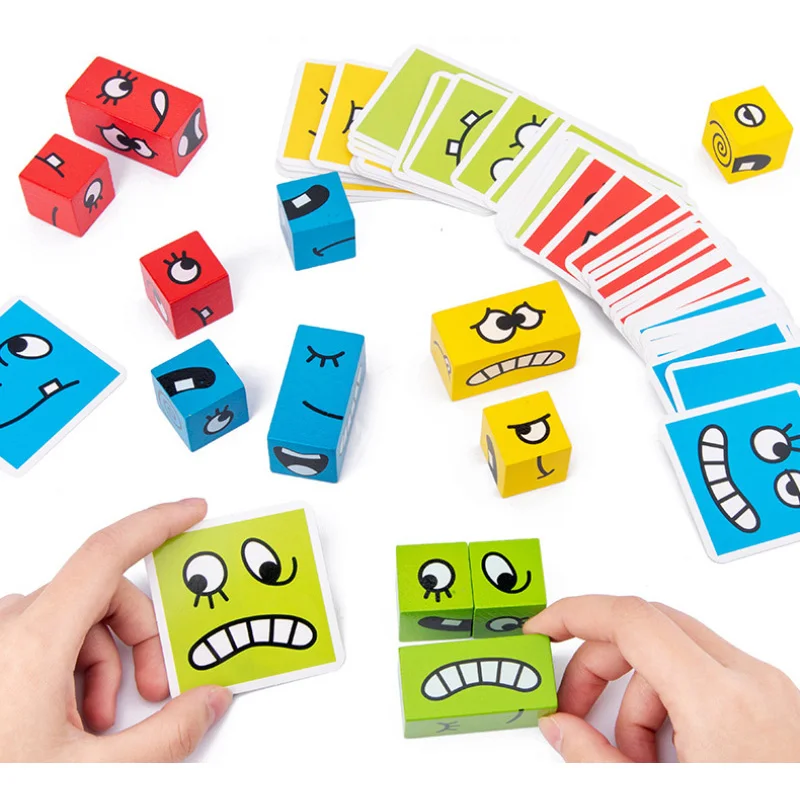 

Wooden Expressions Matching Block Puzzles Building Geometric Fun Cubes Toy Borad Games Educational Montessori family games Gift