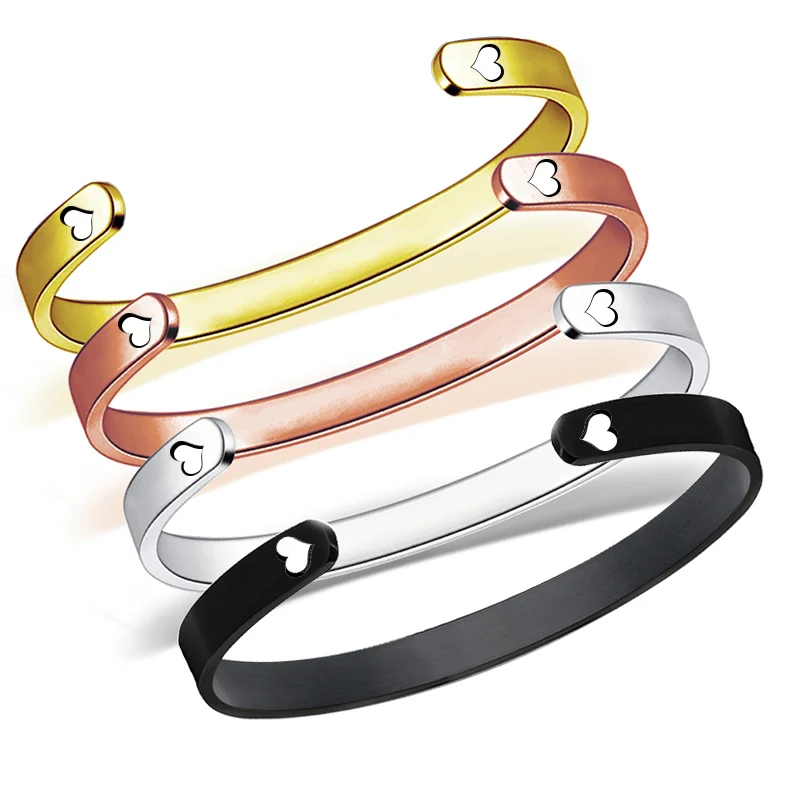 New Adjustable Diy Open Stainless Steel C-Shaped Bracelet Peach Heart-Shaped Bracelet Laser Engraved Text Bracelet