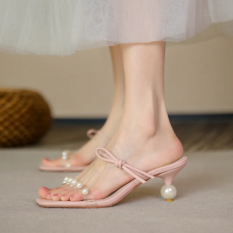 

New 2022 Pearl Summer Sweet One Line Sandals Women's High-heeled Sandals Pink Half Slippers