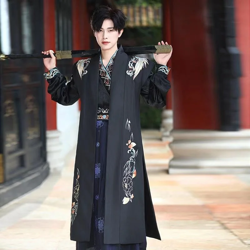 Черное темно-осенне-зимнее мужское платье ханьфу с вышивкой традиционный