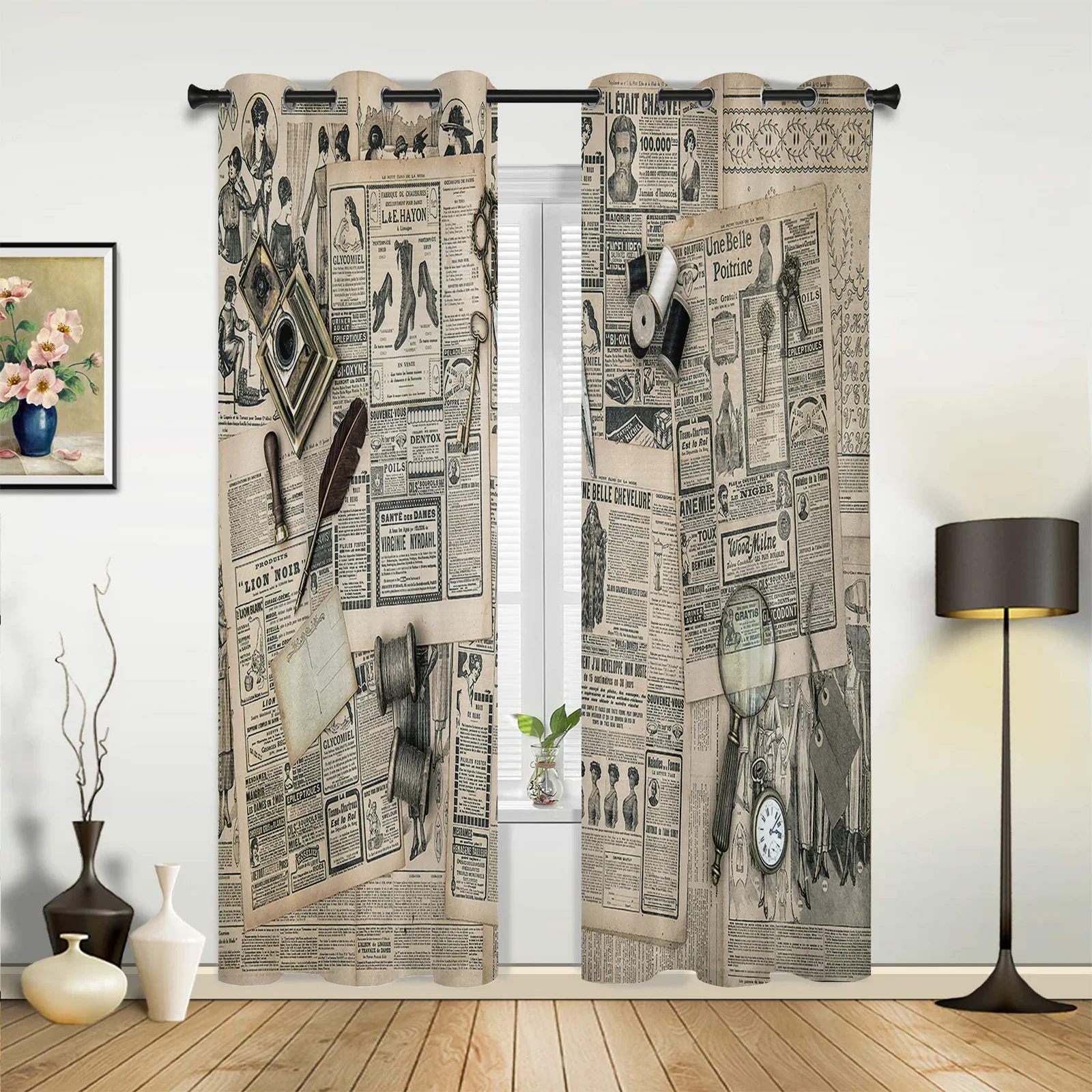 European Retro Old Newspaper Curtains for Bedroom Living Room Drapes Kitchen Children's Window Curtain Modern Home Decor