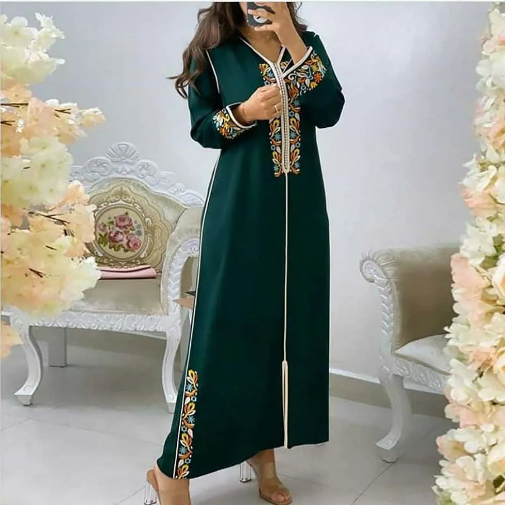 

Kaftan Dresses Women Green Dubai Embroidery Elegant Long Sleeve Muslim Abaya Islam Turkey Jellaba Moroccan Long Dress 2022