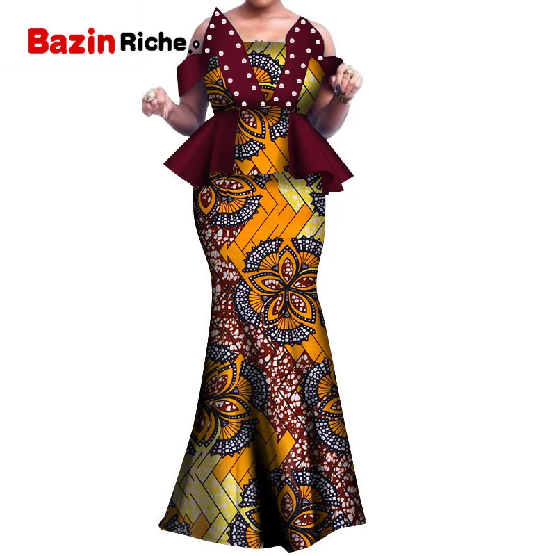 African 2 Piece Dresses Women Traditional Strapless White Pearls Decoration Top and Skirt Dashiki Sets Plus Size Dresses WY3800