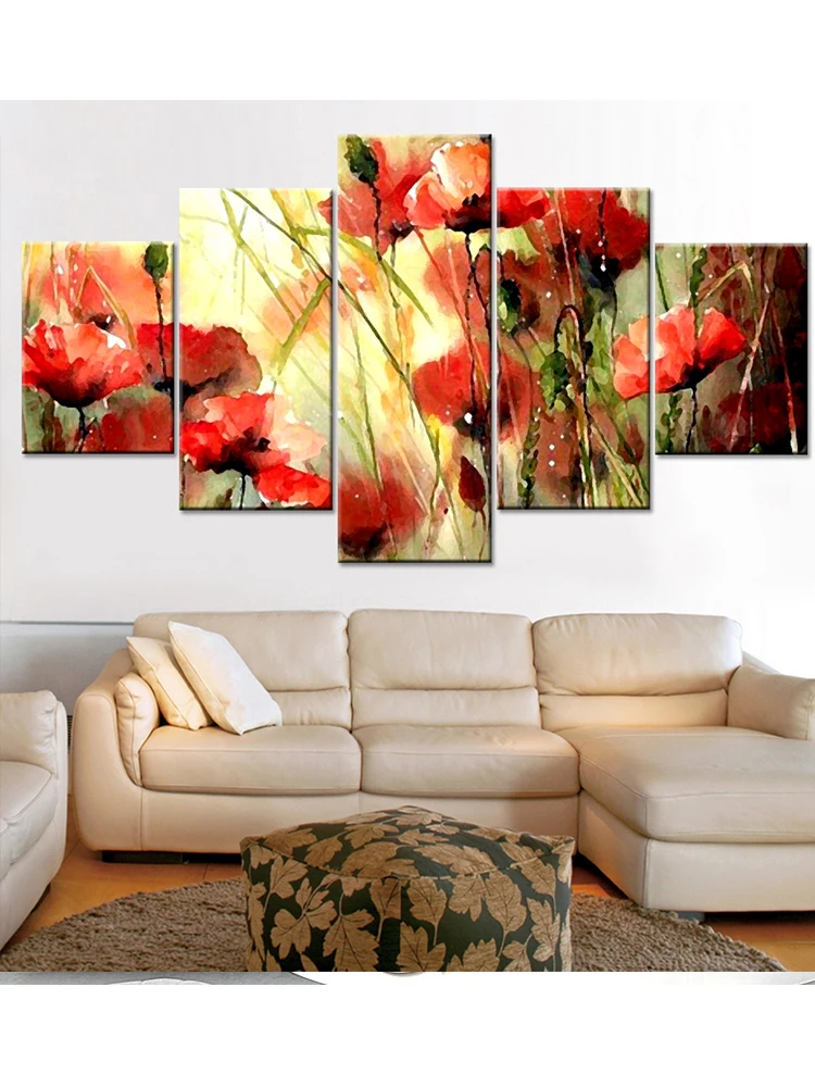 Алмазная картина с красным маком 5 панелей новинка 2023 5D полностью мозаика сделай