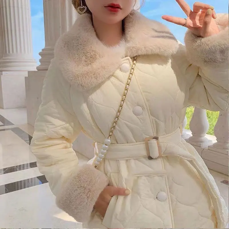 2022 White Lace Up Waist Korean Style Loose Long Winter Down Coat Women Long Female Chic  Argyle Jackets Buttons Padded Clothes