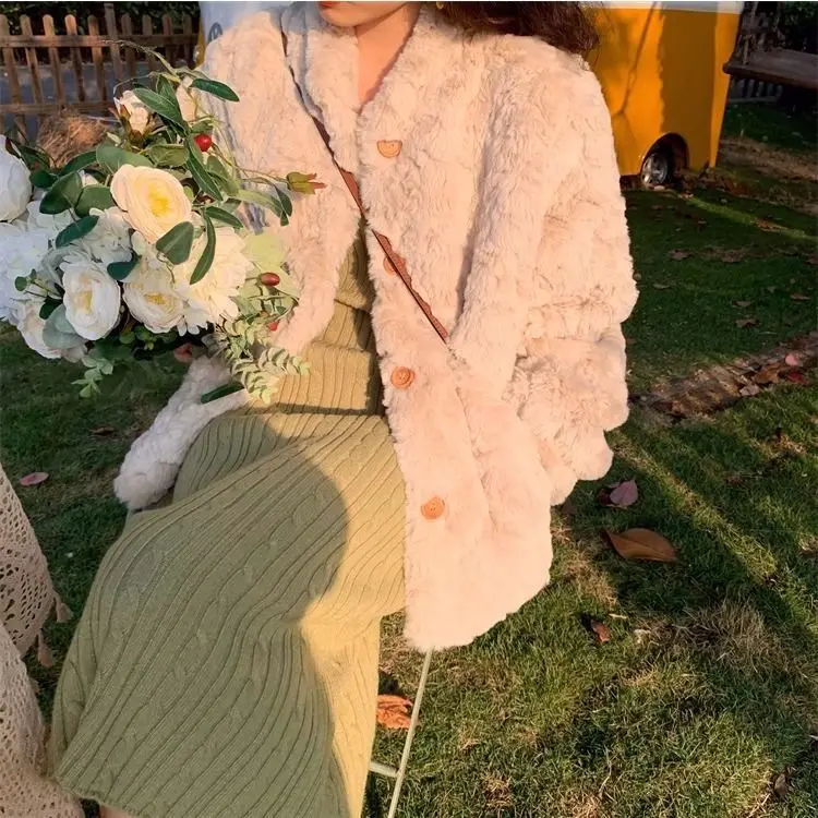 Faux Fur Coat Women's Winter Short Thickened Apricot Plush Coat Fur Sweet Cute Girl Winter Tendy Fur Clothes  Fluffy Jacket