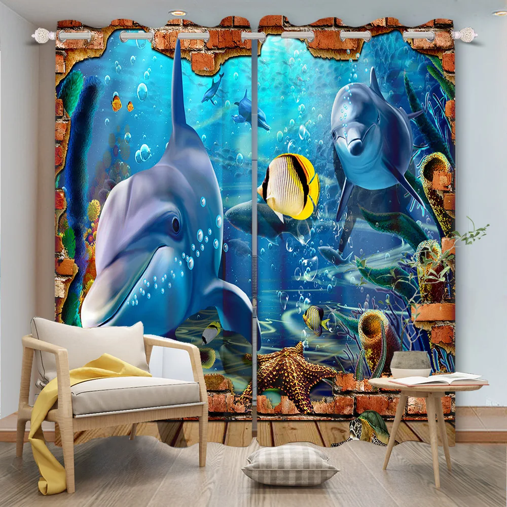 

3D Baby Shark Cartoon Ocean World Dolphin Starfish Curtains for Kids Blackout Drapes For Kids Bedroom Living Room Home Decor