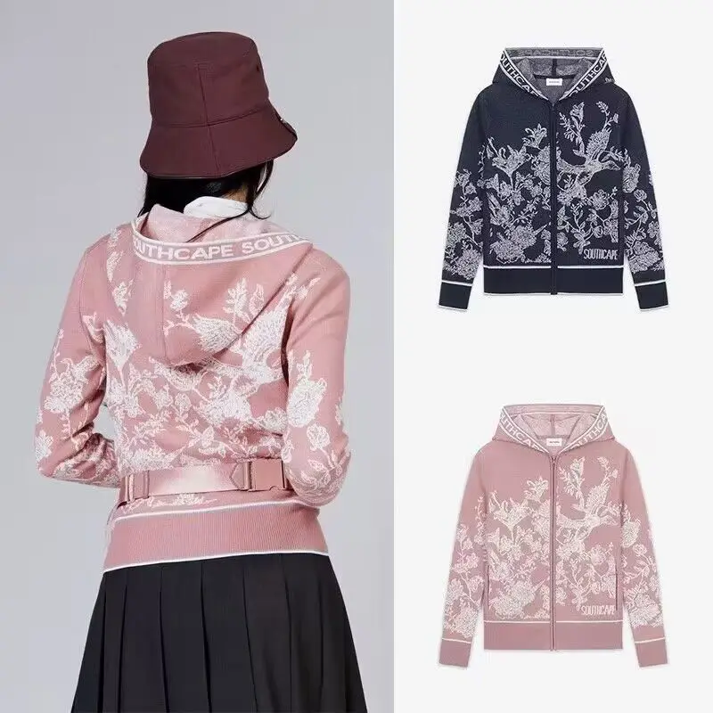 

South Korean SOUTHCAPE Golf Jacket Women's 23 Autumn Pattern Printed Hooded Knit Zipper