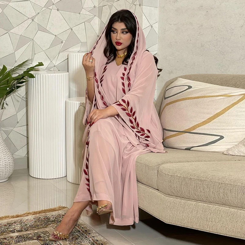 Chiffon Summer Embroidery Abaya Dubai Turkey Muslim Dress Woman Hijab 2022 Pink Saudi Arabian Islam Arabic Eid Mubarak New Abaya