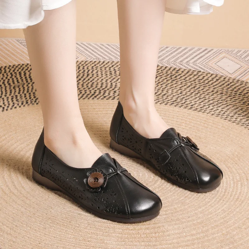 New Designer Button Ballet Flats Women's Flat Shoes 2023 Spring Summer Real Leather Loafers Ladies Beige Moccasins Driving Shoes
