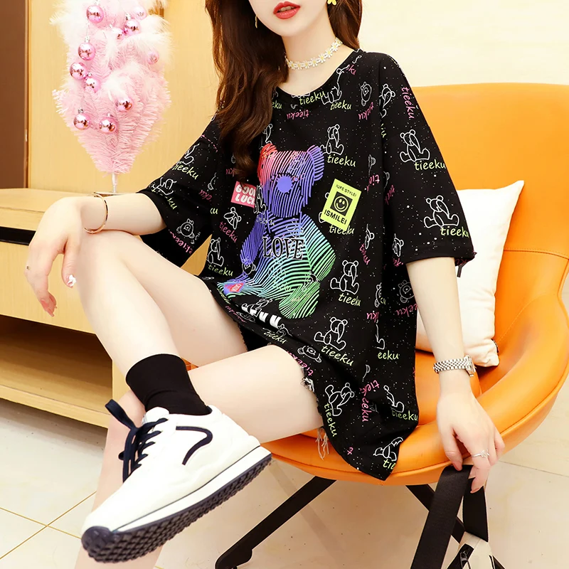 Summer Korean Style Loose Mid-length Design Niche Short-sleeved T-shirt Women Bear Cartoon Top Kawaii Graphic Tee |