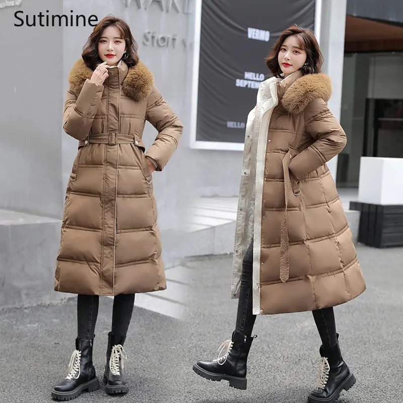 Winter Coat Women Office Lady Adjustable Waist Women Coat with Large Fur Collar and Slim Down Cotton Padded Jacket Coat Women