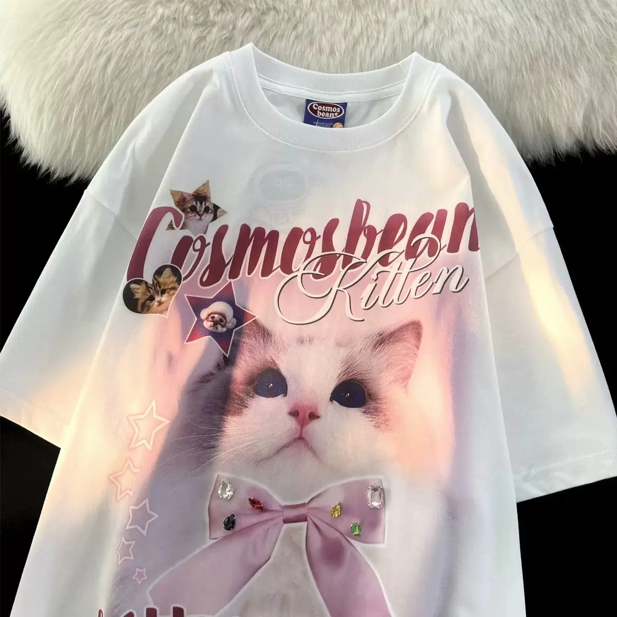 

European and American sweet and cool style Japanese cat print t-shirt men and women college style couple outfit high-end top