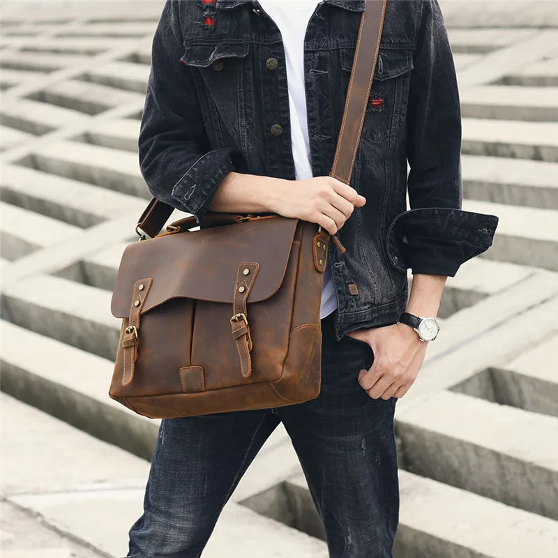Natural genuine leather men's briefcase retro crazy horse cowhide handbag fashion work laptop brown shoulder messenger bags