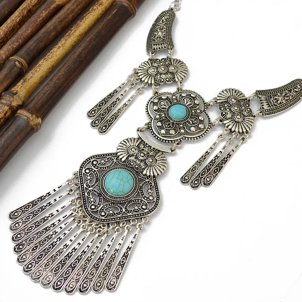 Турция богемный черный синий камень этническое ожерелье с кисточками турецкое