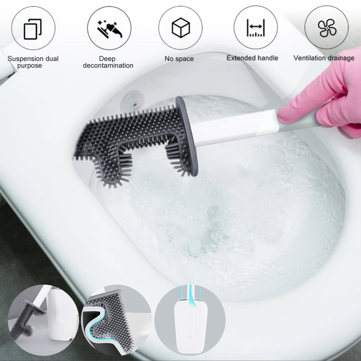 

Silicone Toilet Brush Reusable No Dead Corner Cactus Toilet Brush with Long Handle Anti-Slip F-Shaped Toilet Bowl Cleaner Brush