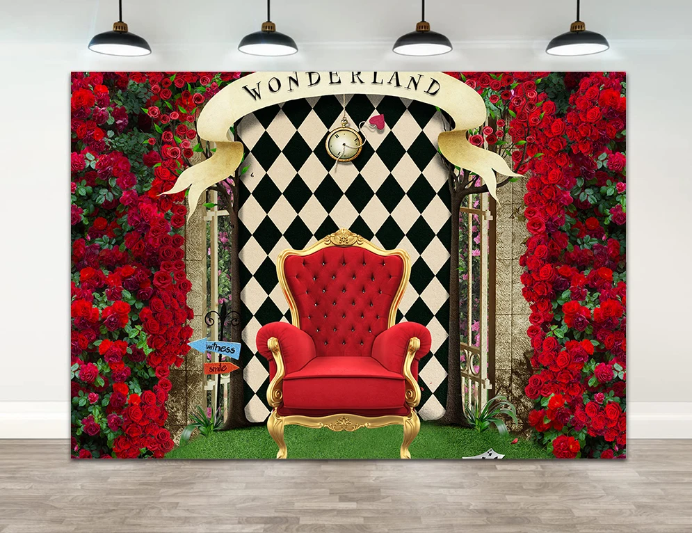 

Alice In Wonderland Birthday Backdrop Photography Decoration Custom Fairy Forest Flowers Castles Gnome Hut Home Photo Background