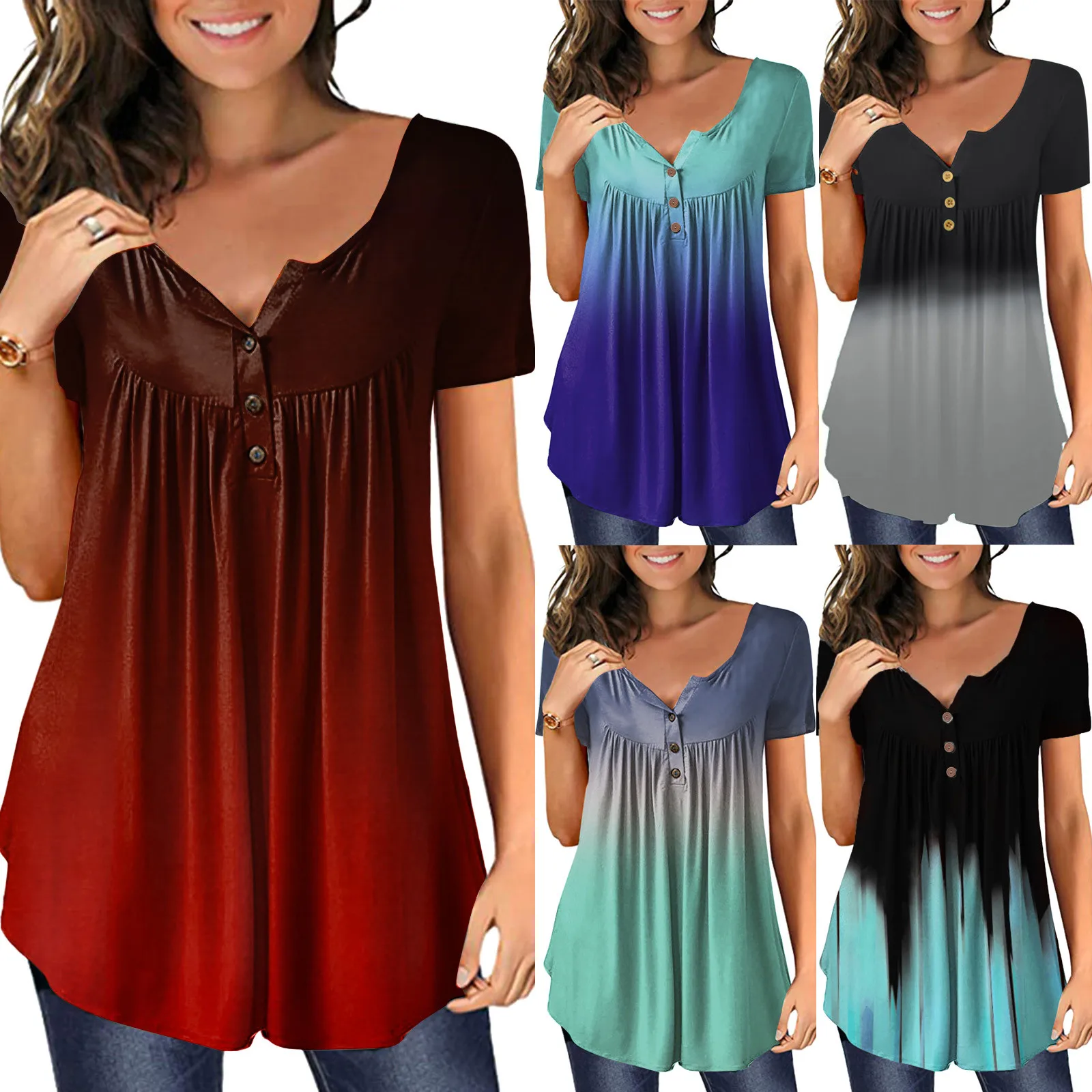 

2022 T-shirts Women Oversized Gradient Printed V Neck Short Sleeve T Shirt Button Pullover Tee Shirt Femme Casual Blouse Comfort