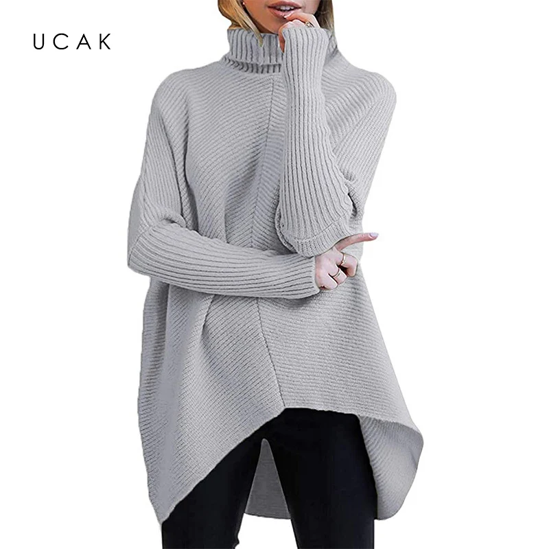 

UCAK 2022 autumn/winter foreign trade women's irregular hem turtleneck pullover long sleeve knitted sweater women