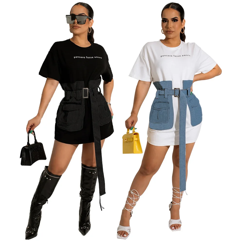 

2022 Summer Denim Patchwork Women T Shirt Dress Hottest Short Sleeves Crew Neck Belt Casual Club Dresses Streetwear