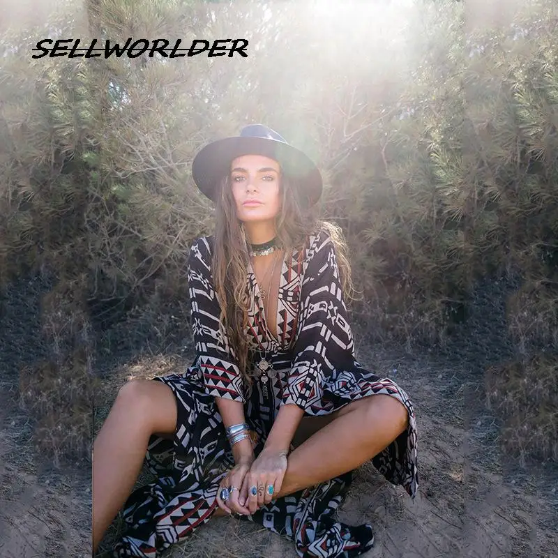 

Женский шифоновый кардиган с широкими рукавами, элегантная свободная пляжная одежда с геометрическим принтом в богемном стиле, лето 2023