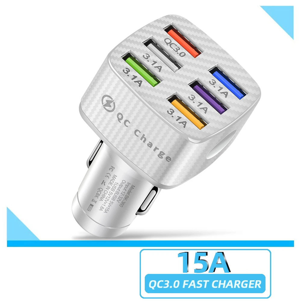 

75W Car Charger Quick Charge QC 3.0 15A 6 Ports USB Charger For iPhone Samsung Xiaomi Huawei Mobile Phone Charger