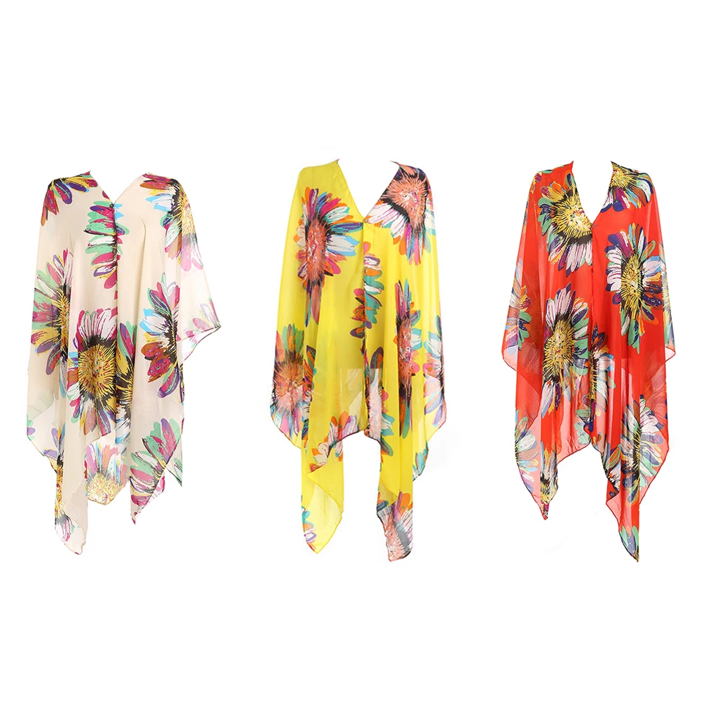 

Women's Chiffon Bathing Suit Crochet Kimono Cardigan Floral Print Loose Swimsuit