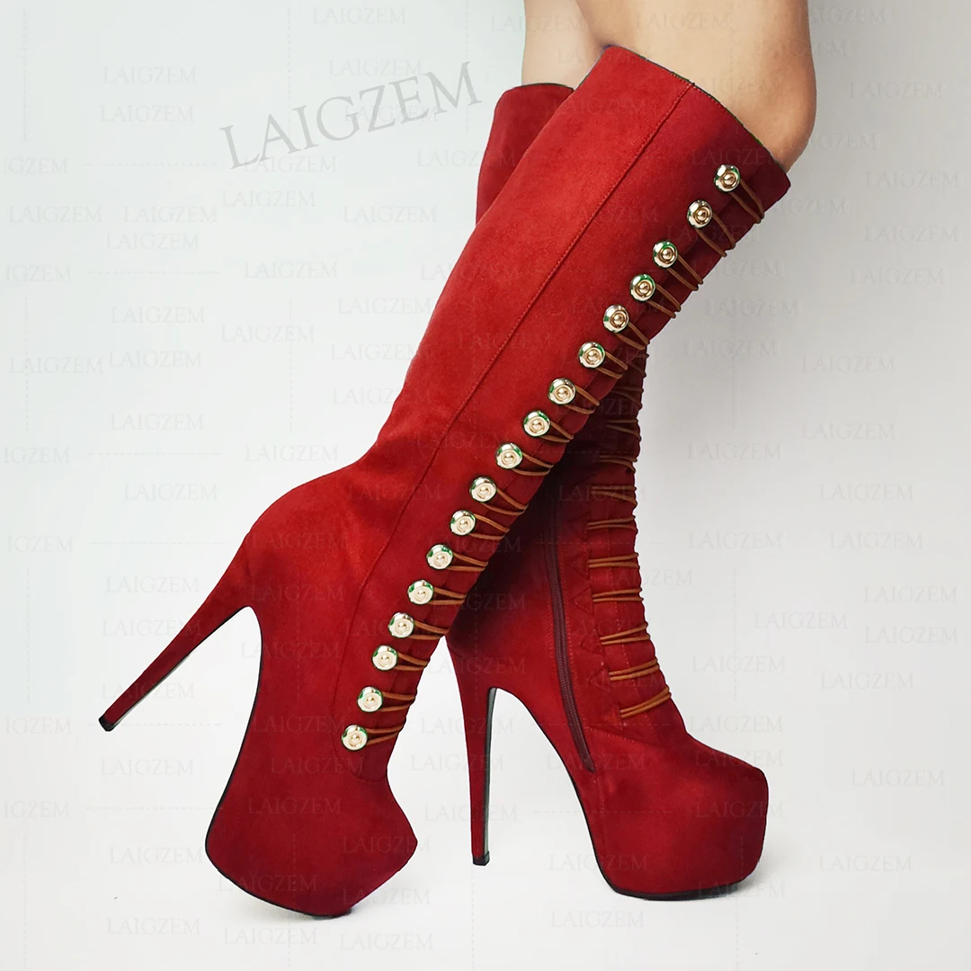 

SEIIHEM Women Knee High Platform Boots Full Zipper Thin High Heels Faux Suede Tall Boots Shoes Woman Botas Large Size 40 42 52