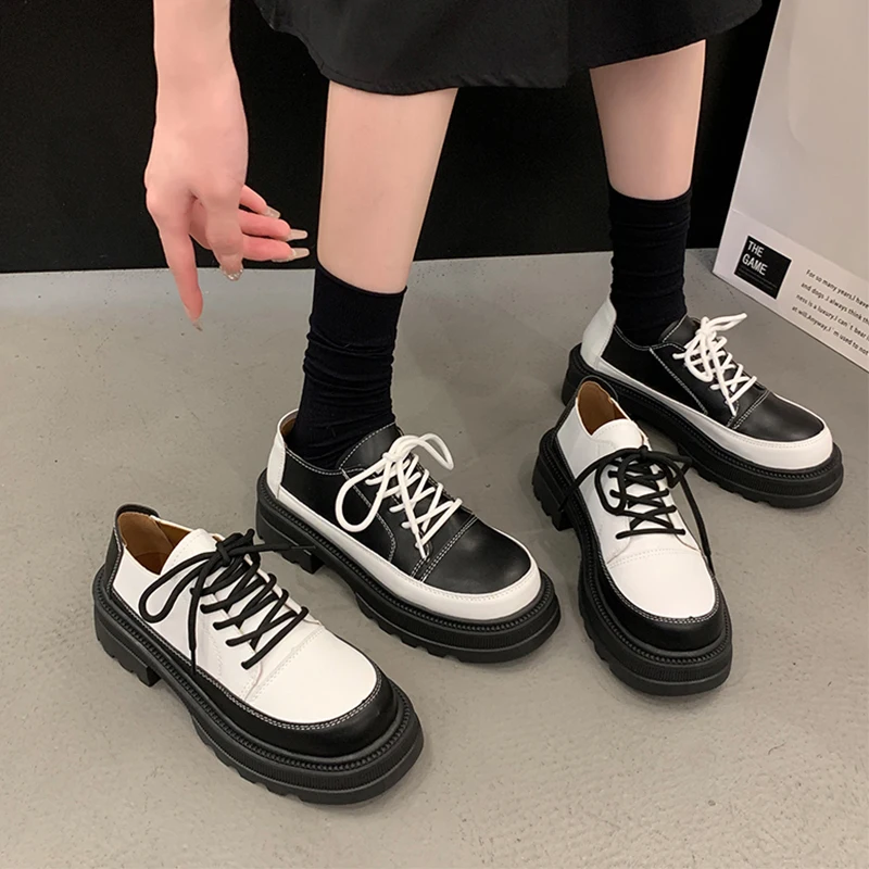 

Кроссовки женские с круглым носком, повседневные универсальные оксфорды, Классическая кожаная обувь на платформе, в британском стиле