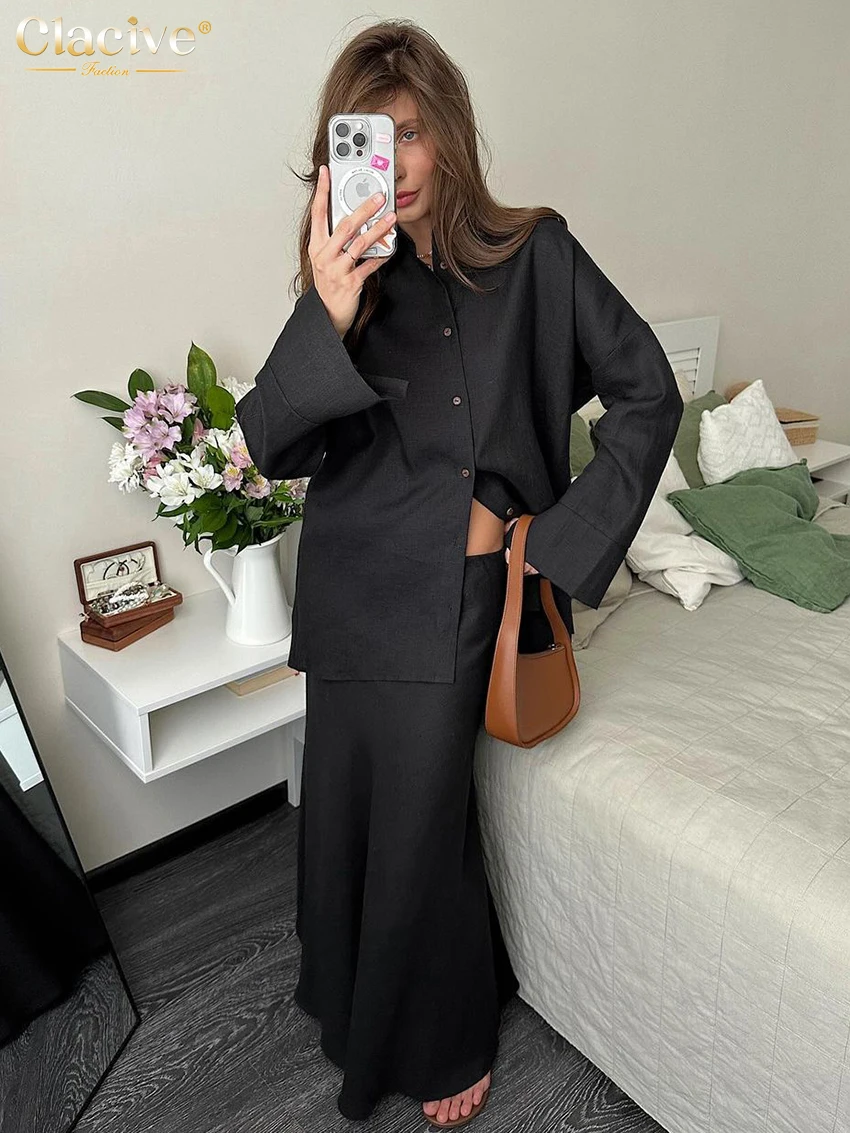 Clacive модный свободный черный льняной женский комплект из двух предметов 2025