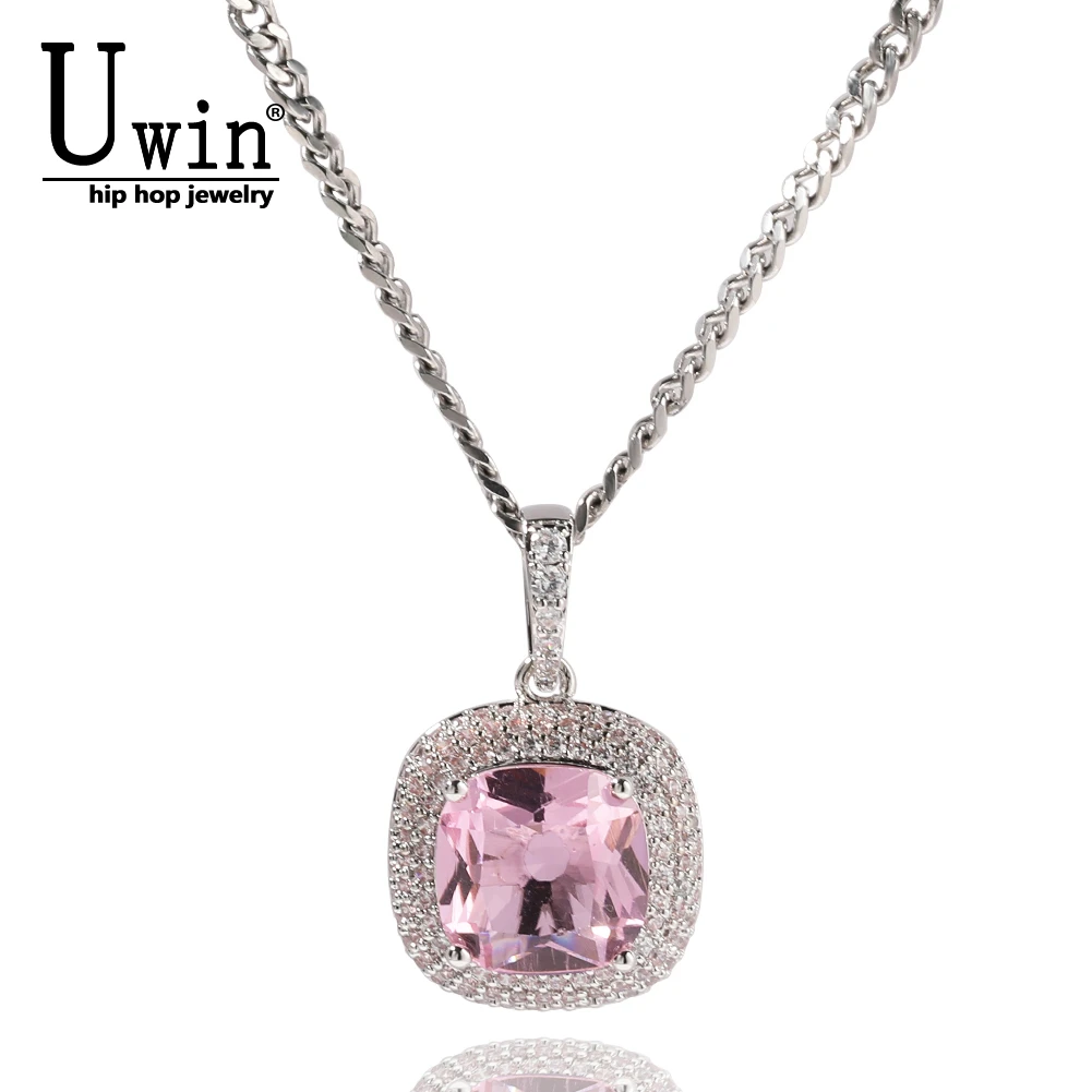

UWIN Square Gem Pendent Necklaces Iced Out Clear Pink Cubic Zirconia Charm Necklace For Women Fashion Hiphop Jewelry
