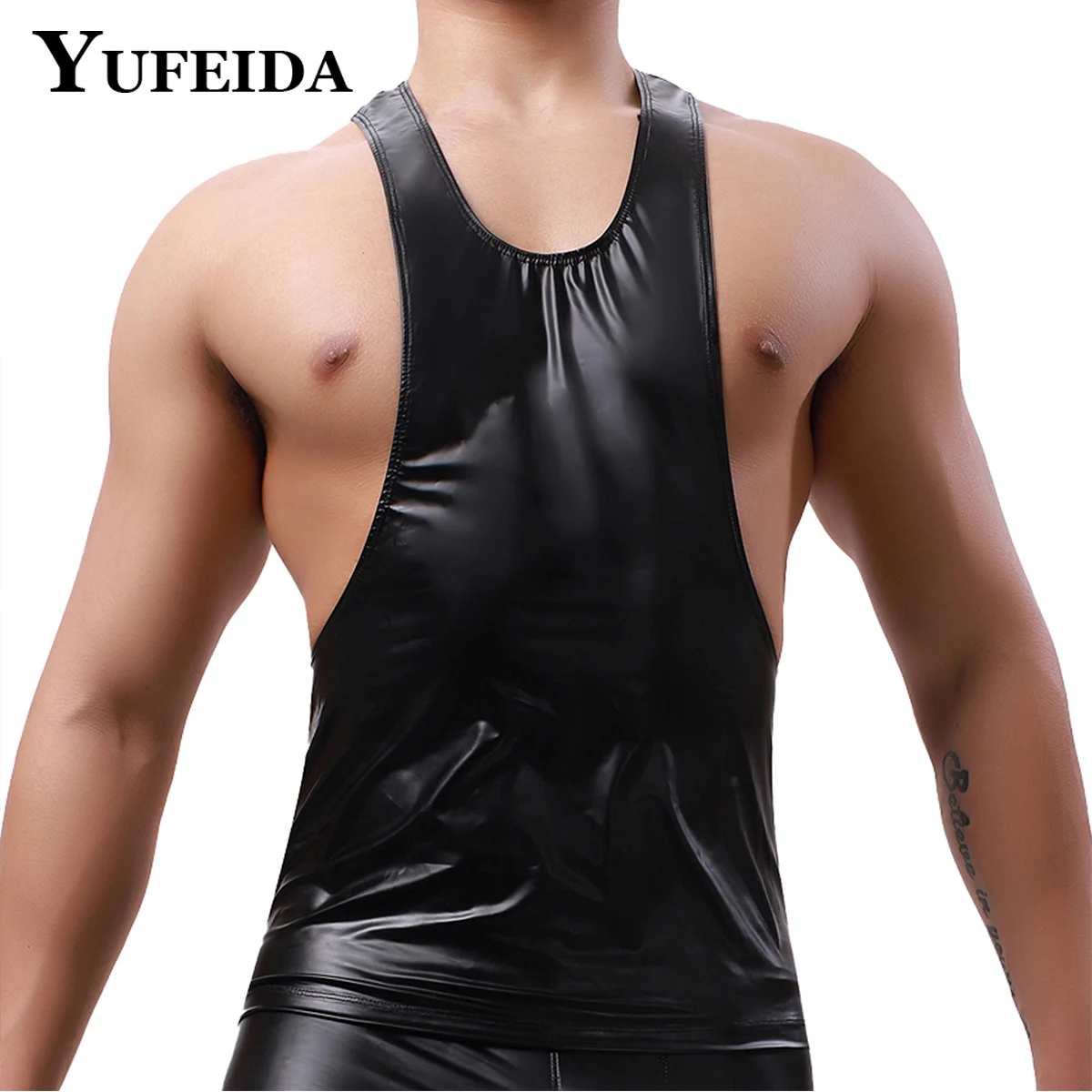 YUFEIDA Men Sexy Sleeveless Faux Leather Tank Tops Vest Gym Fitness Top Fashion Cut Out Shirt Male Clubwear Dance Party Costume