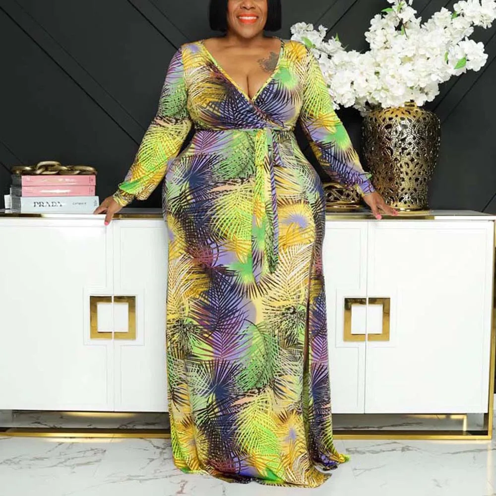 

Plus Size Dresses for Women 4XL 5XL 2023 Autumn New Full Sleeve V Neck High Waisted Floor Lenght Elegant Evening Night Party Big