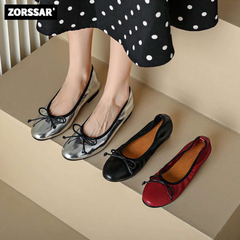 

2023 New Womens Flats Loafers Fashion bowtie Genuine leather Round Toe Shallow Ladies Ballet Shoes Soft Casual Flat Single Shoes
