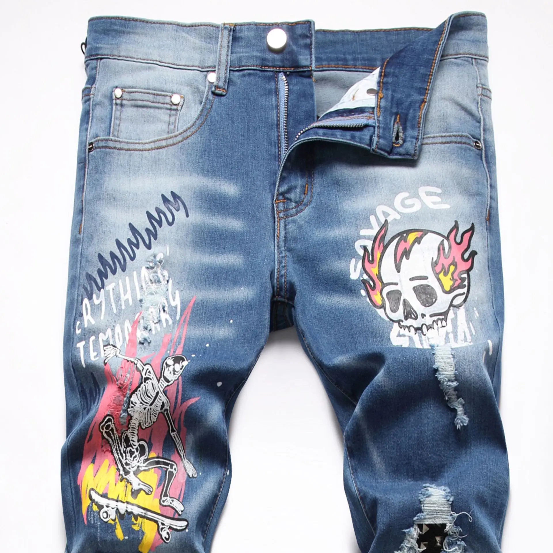 Men Skull Flame Printed Denim Jeans Streetwear Skateboard Rivet Punk Stretch Pants Ripped Patchwork Slim Straight Mens Trousers