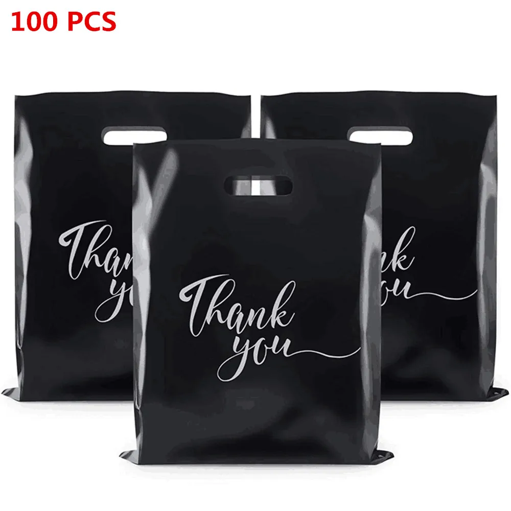 

100Pcs Thank You Merchandise Bag Retail Shopping Bags for Goodie Party Stores Boutique Clothes Reusable Plastic Bags Handle