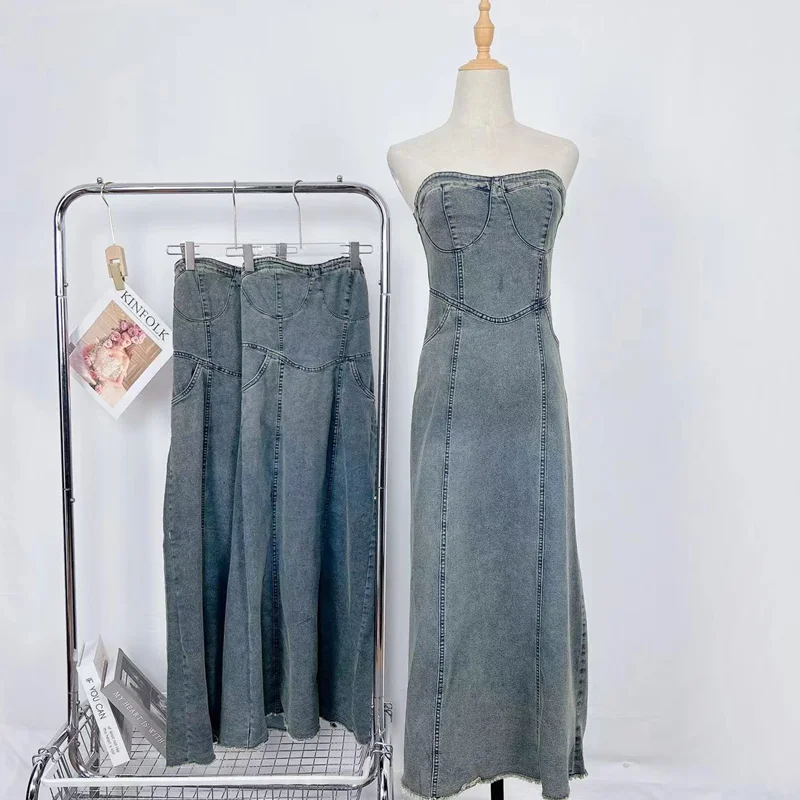 

Женское джинсовое платье без рукавов, голубое винтажное облегающее платье средней длины с открытой спиной, без бретелек, в Корейском стиле, лето