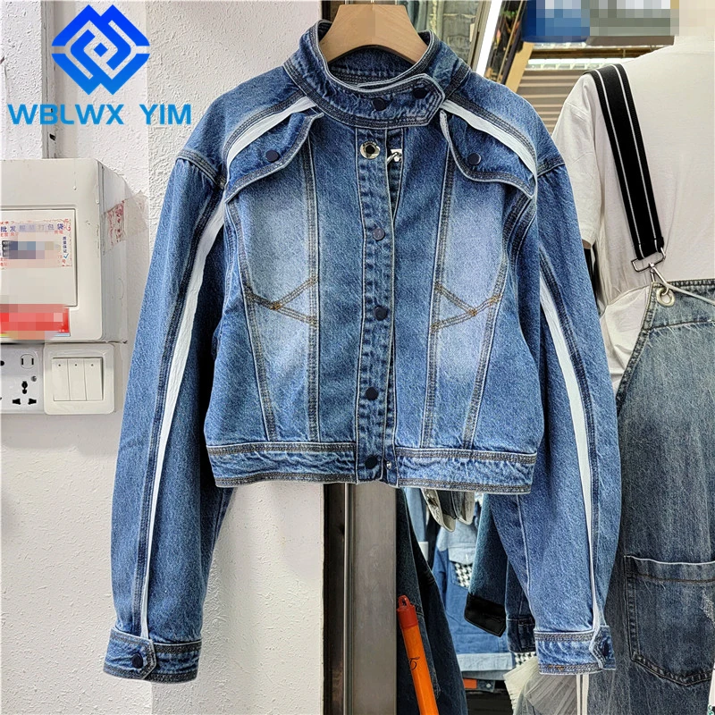 

Jeans Jacket Women Double Pocket Fashion Topstitching Lapel Short Denim Jacket Female Spring Autumn Loose Jeans Coat Streetwear