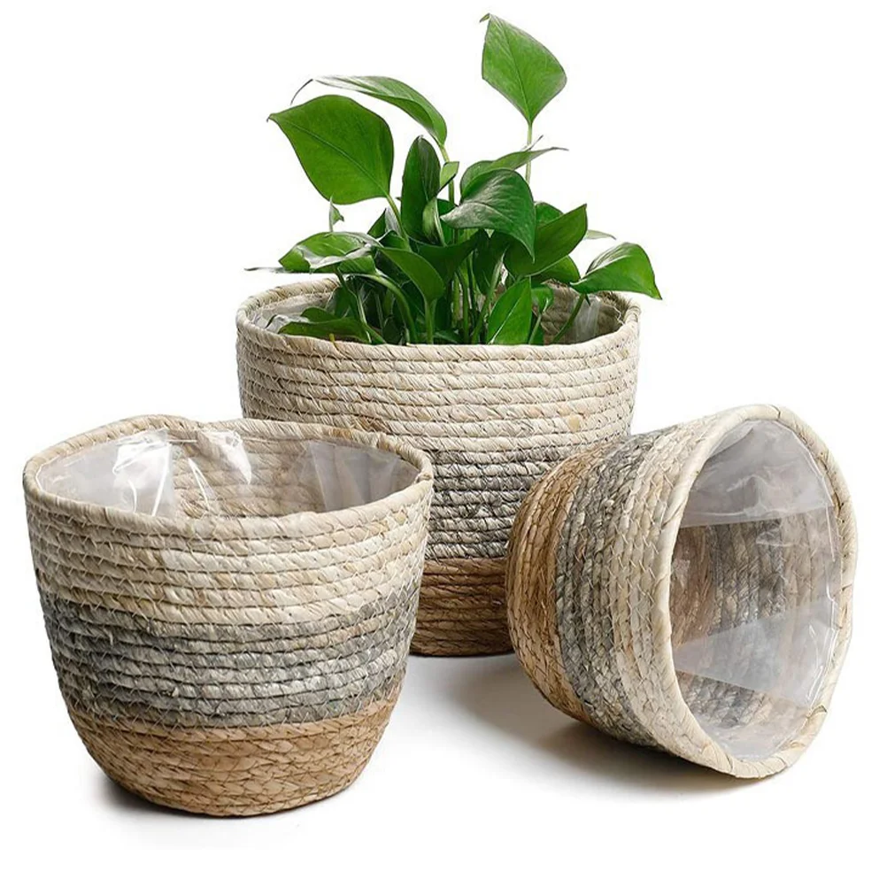 

3pcs Straw Pot Delicate Woven Flower Basket Wedding Flower Basket Home Decor