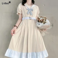 turn down collar knee length dresses casual empire patchwork pullover bow womens clothing summer short sleeve popularity trend
