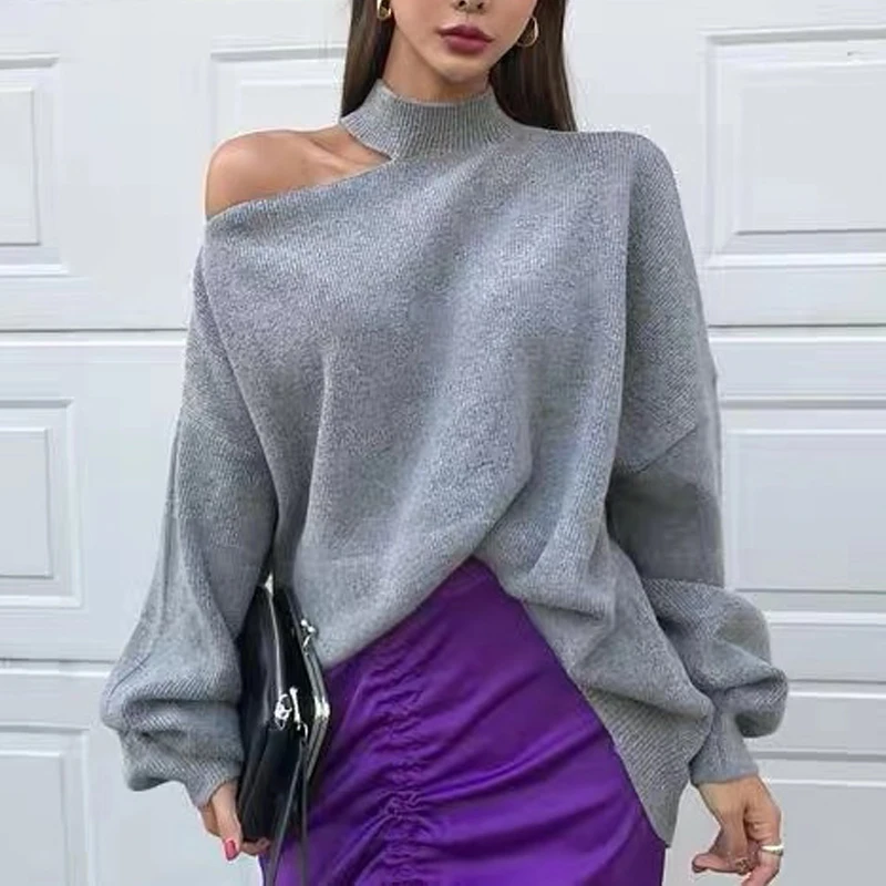 

Winter Autumn Loose Irregular Casual Elegant Hollow Out Turtleneck Sweaters Tops Halter Bare Shoulders Knitted Pullover Black