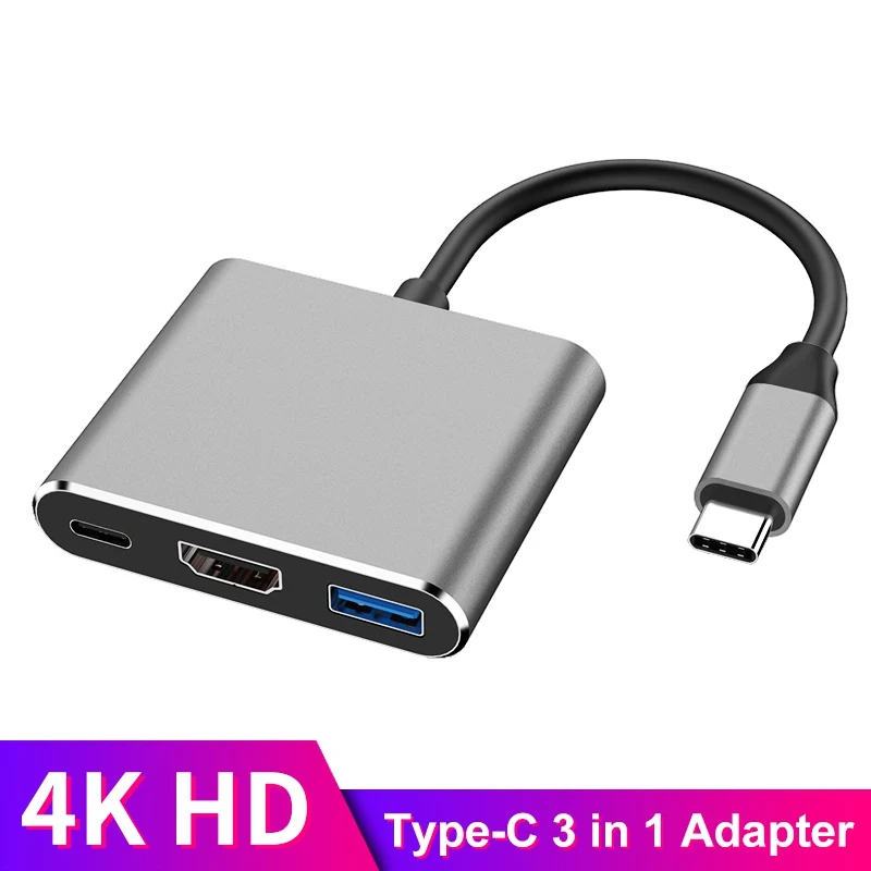 

Адаптер 3-в-1 с USB C HDMI-совместимый преобразователь адаптер типа C в HD/USB 3,0/Type-C адаптер док-станции концентратор умный адаптер для быстрой зарядки для ПК