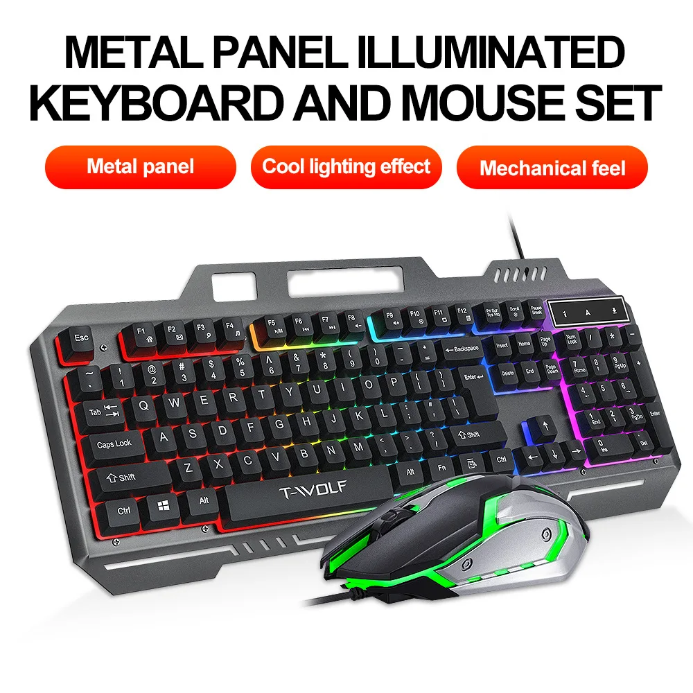 Фото Механическая игровая проводная клавиатура с RGB-подсветкой и мышью, металлическая панель, эргономичный комплект для ПК, ноутбука, планшета. №1