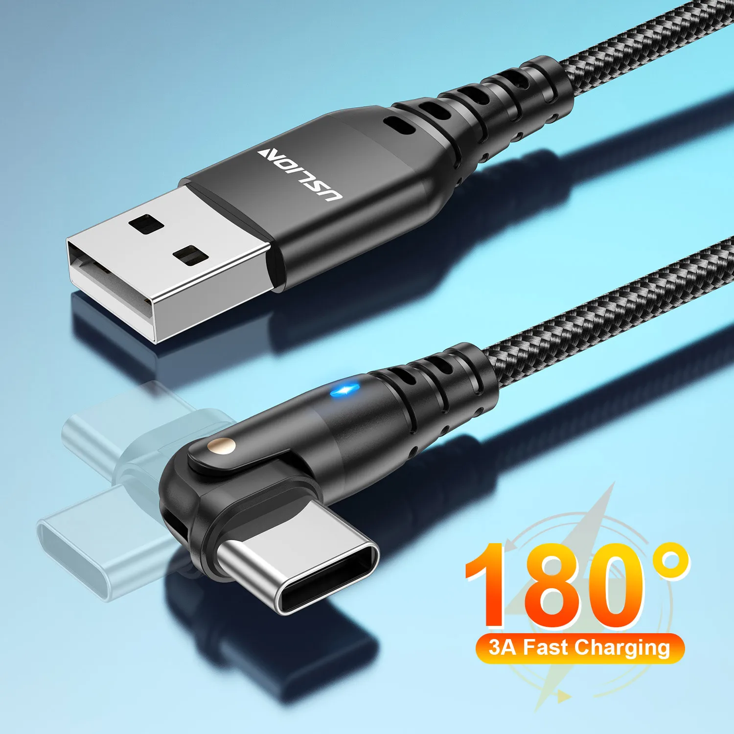 USLION 180-поворотный кабель для быстрой зарядки Type-c 3A USB C Micro Шнур передачи данных