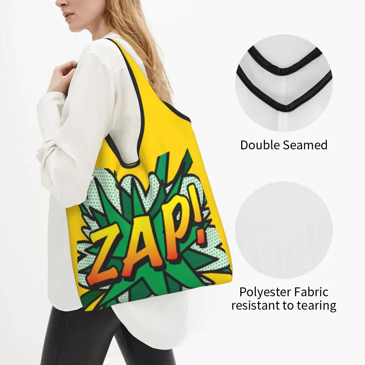 Фото Многоразовая сумка-шоппер Custom Recycling ZAP в стиле комиксов и поп-арт для женщин, портативная, ретро, с забавными надписями, для продуктов №2