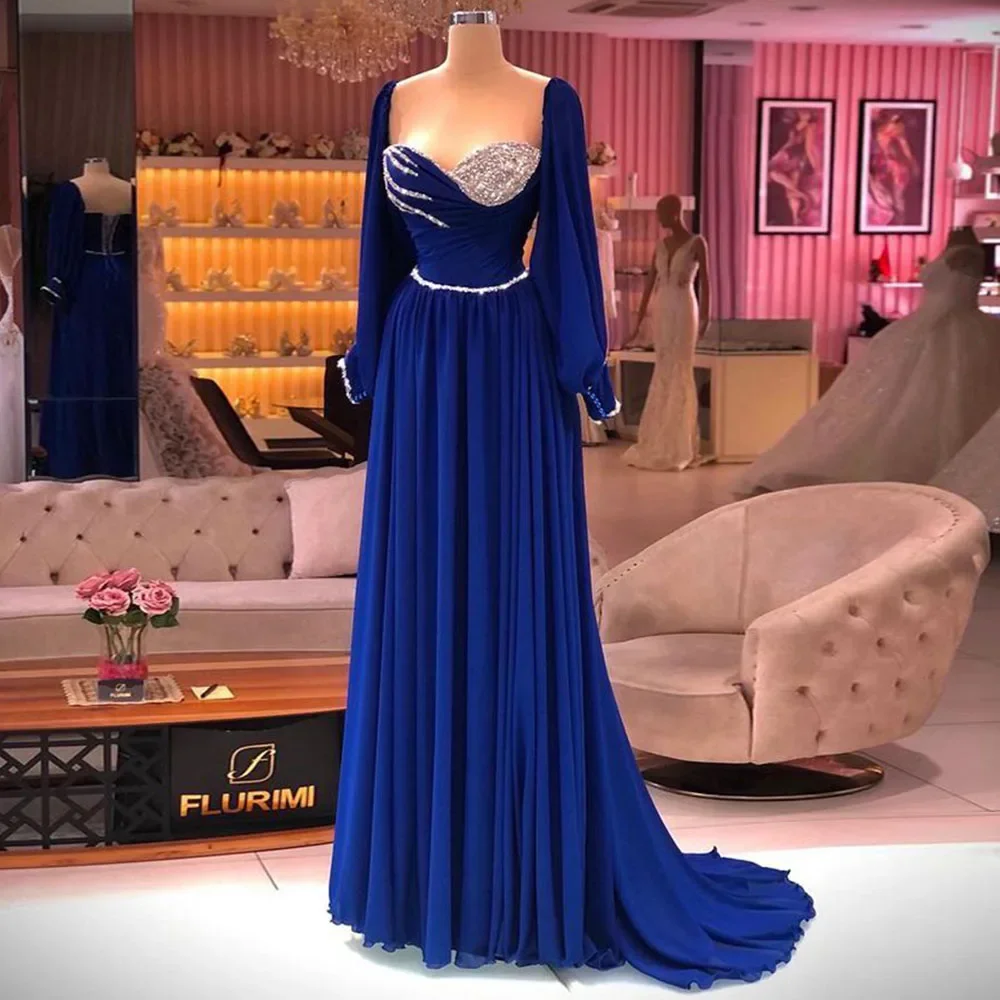 

Arabic Chiffon Evening Dresses Blue Sweetheart Cap Sleeves Beadings Prom Gown Party Dress abendkleider 2022 dubai