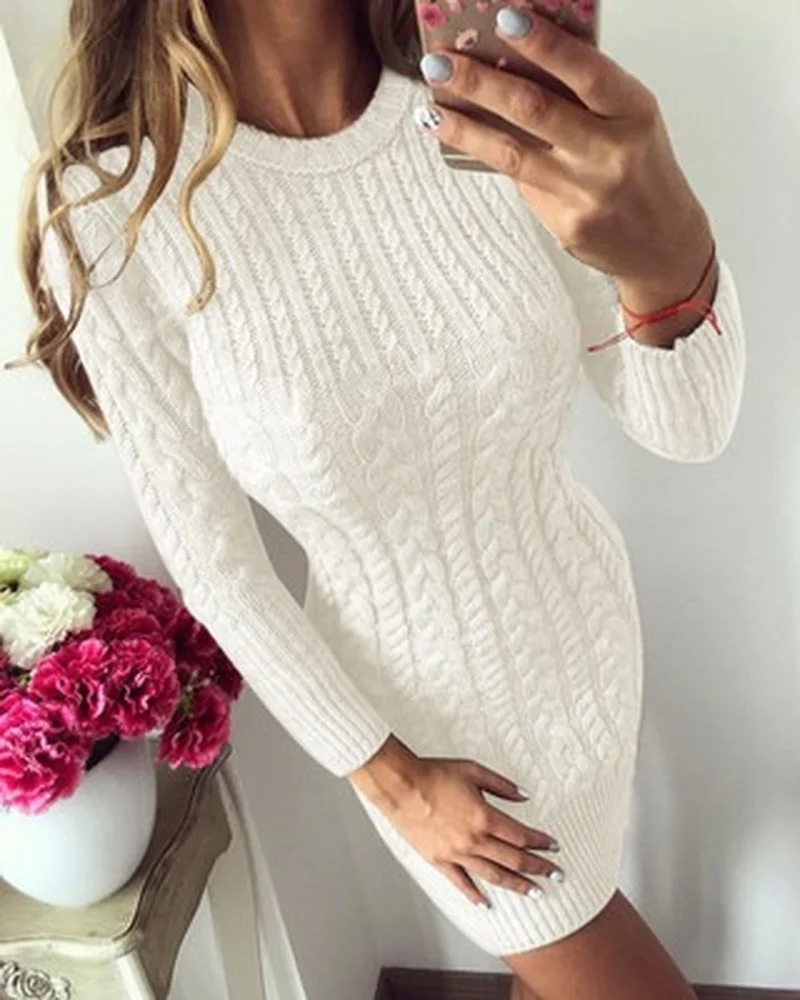 

Female Twist Hedging Knitted Sweater Skirt Autumn and Winter Women's Sexy Slim Long-sleeved Solid Color Round Neck Knitted Dress