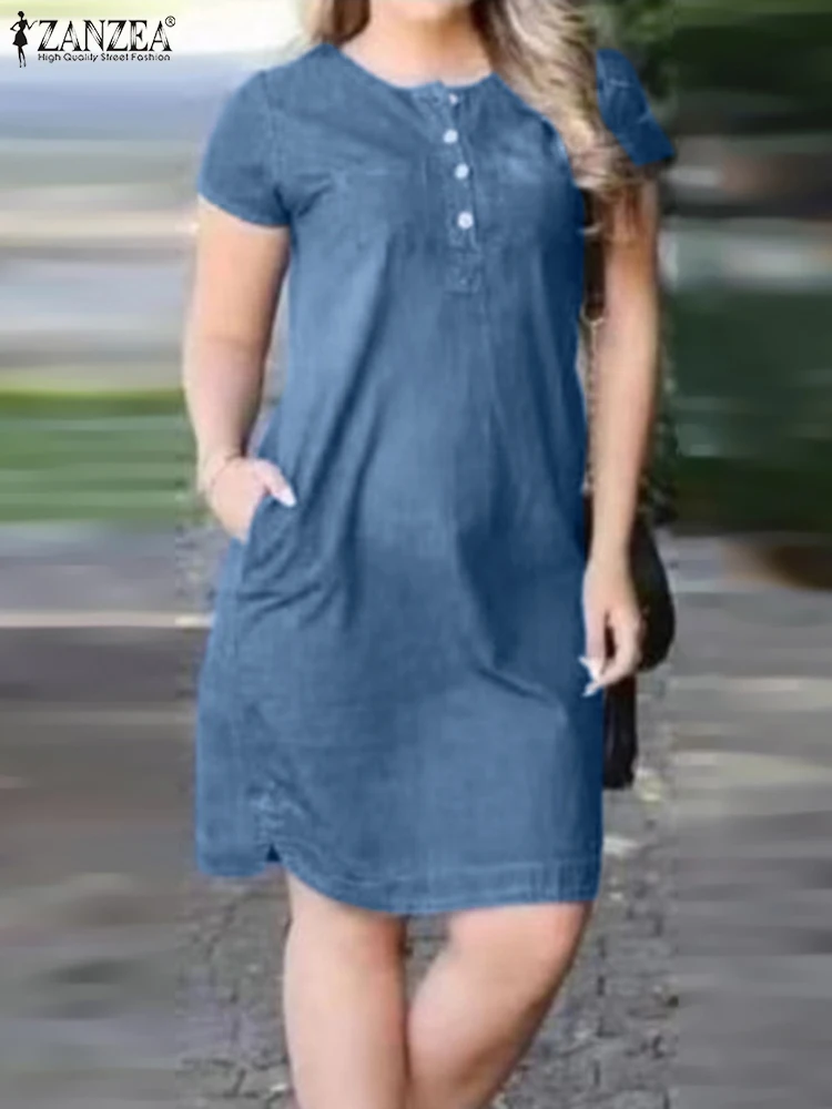 

Элегантное офисное джинсовое платье ZANZEA, женское модное женское платье, сарафан с коротким рукавом и круглым вырезом, Повседневные Платья До Колена